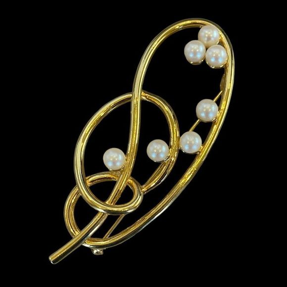 Faux Pearl and Gold Tone Brooch Pin LARGE 3”